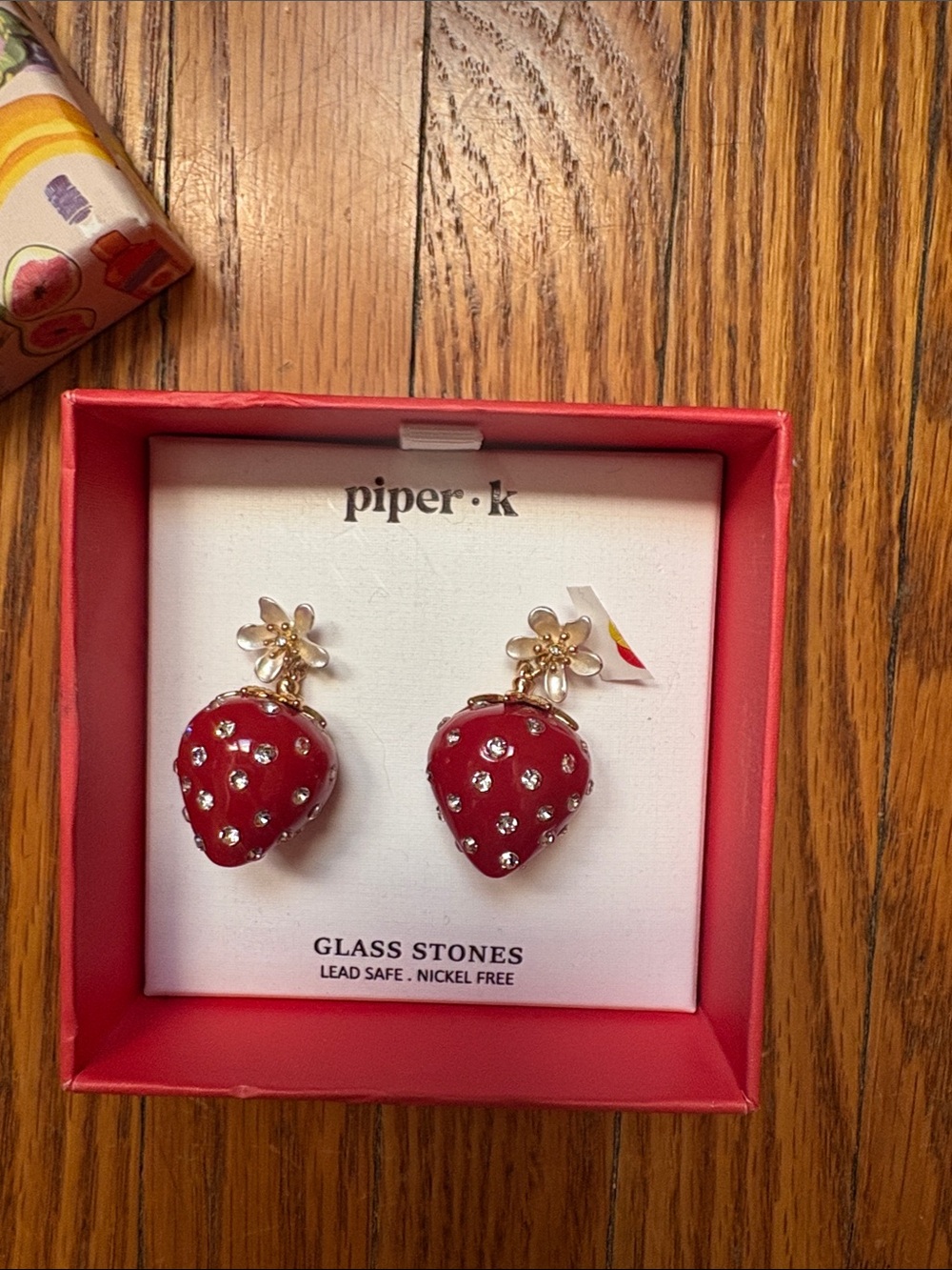 Piper•k Red Strawberry Glass Stone Gold Tone Dangle Earrings
